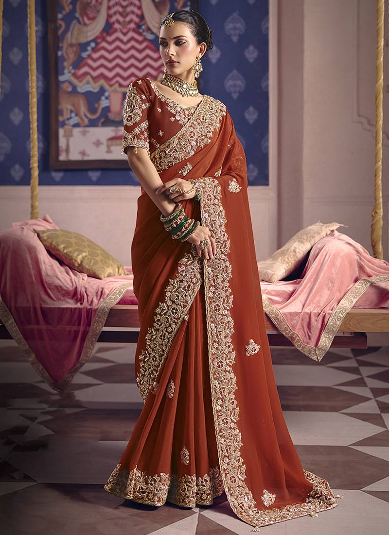 Rust viscose zari tissue silk blend embroidered saree