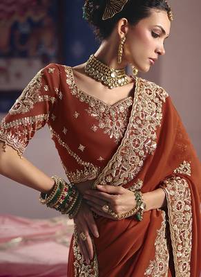 Rust viscose zari tissue silk blend embroidered saree 2