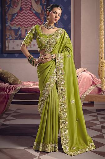 Parrot green viscose zari tissue silk blend embroidered saree