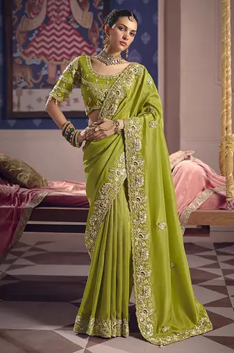 Parrot green viscose zari tissue silk blend embroidered saree