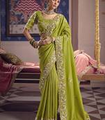 Parrot green viscose zari tissue silk blend embroidered saree