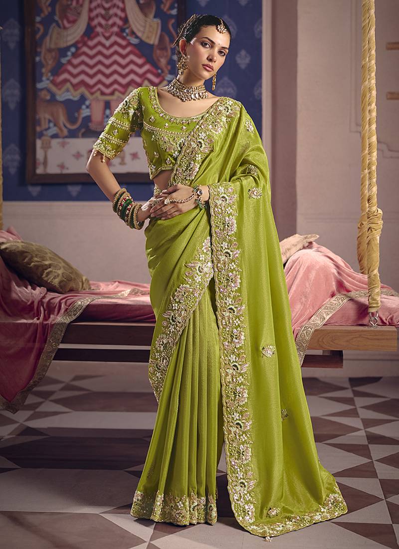 Parrot green viscose zari tissue silk blend embroidered saree