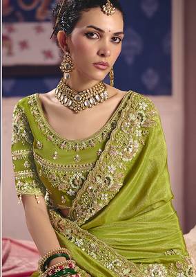 Parrot green viscose zari tissue silk blend embroidered saree 2