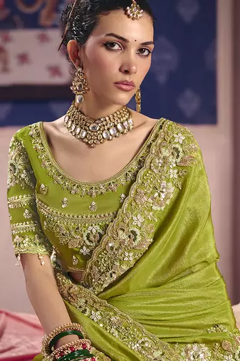 Parrot green viscose zari tissue silk blend embroidered saree