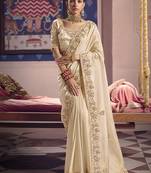 Cream viscose zari tissue silk blend embroidered saree