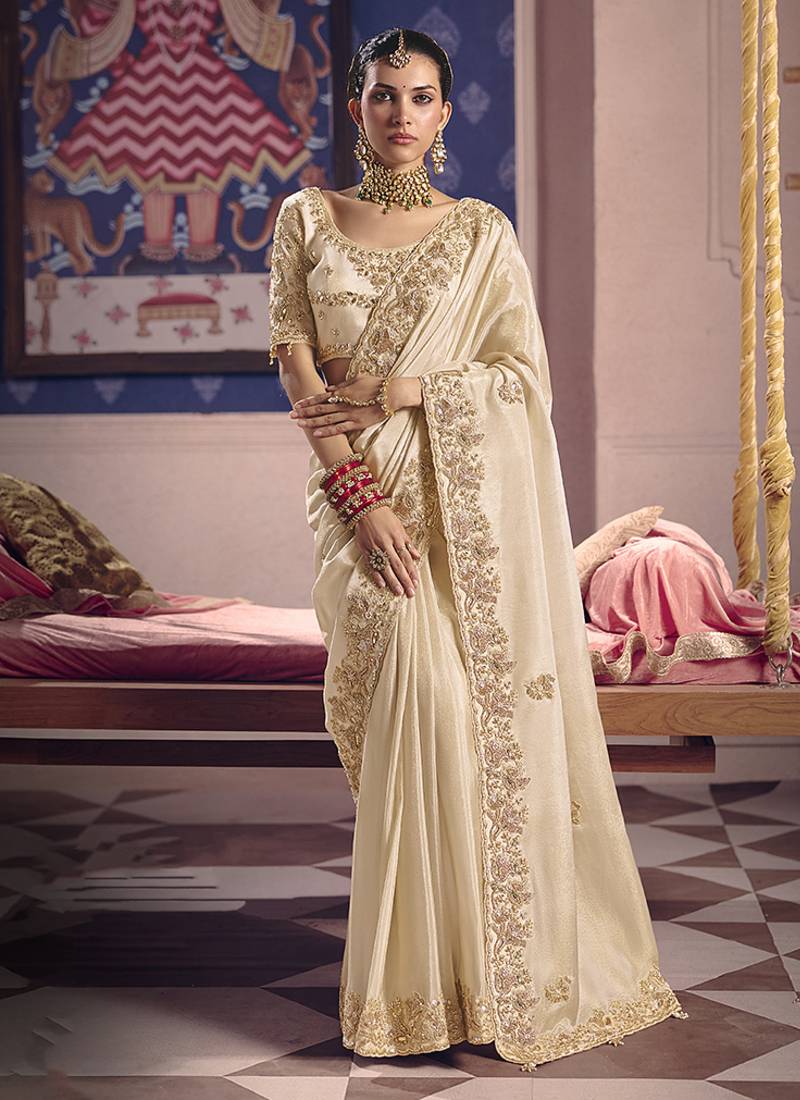 Cream viscose zari tissue silk blend embroidered saree