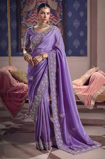 Lavender viscose zari tissue silk blend embroidered saree