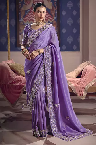 Lavender viscose zari tissue silk blend embroidered saree