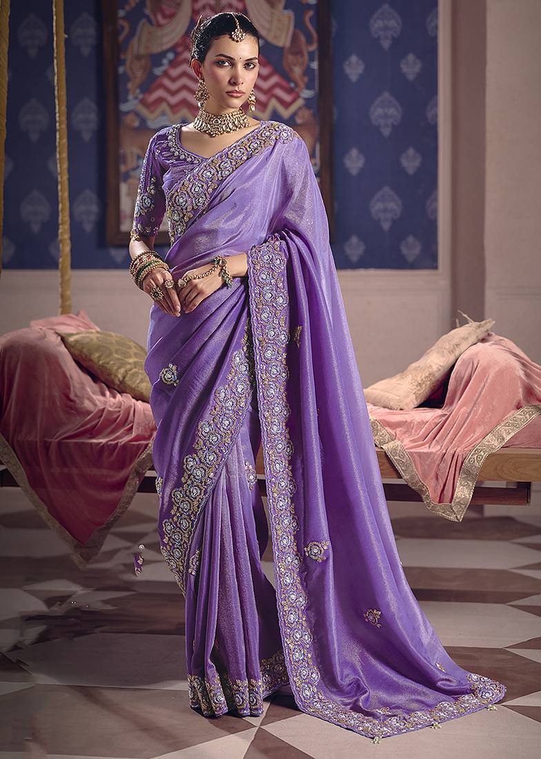Lavender viscose zari tissue silk blend embroidered saree