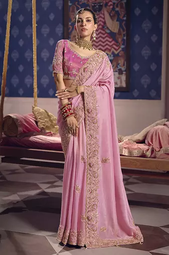 Pink viscose zari tissue silk blend embroidered saree