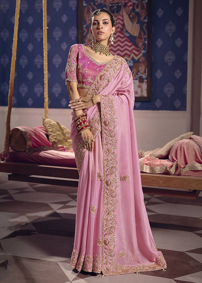 Pink viscose zari tissue silk blend embroidered saree