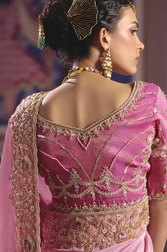 Pink viscose zari tissue silk blend embroidered saree