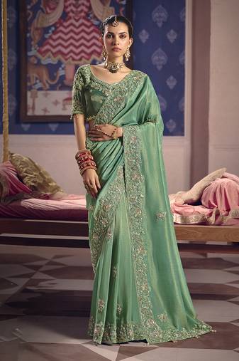 Sea green viscose zari tissue silk blend embroidered saree