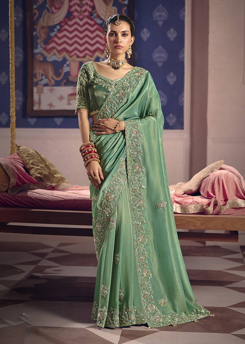 Sea green viscose zari tissue silk blend embroidered saree