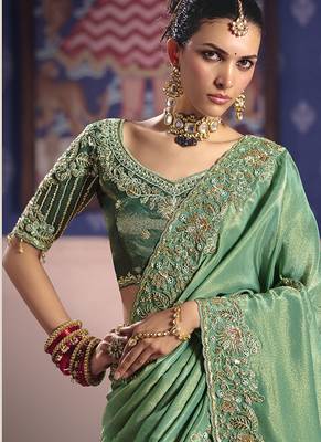 Sea green viscose zari tissue silk blend embroidered saree 2