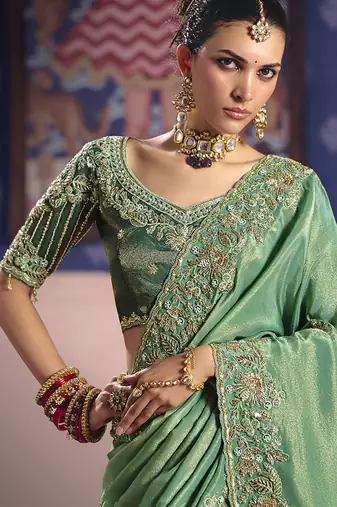 Sea green viscose zari tissue silk blend embroidered saree