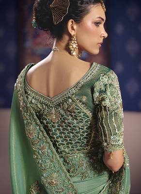 Sea green viscose zari tissue silk blend embroidered saree 3
