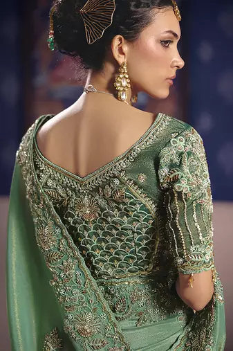 Sea green viscose zari tissue silk blend embroidered saree