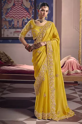 Yellow viscose zari tissue silk blend embroidered saree