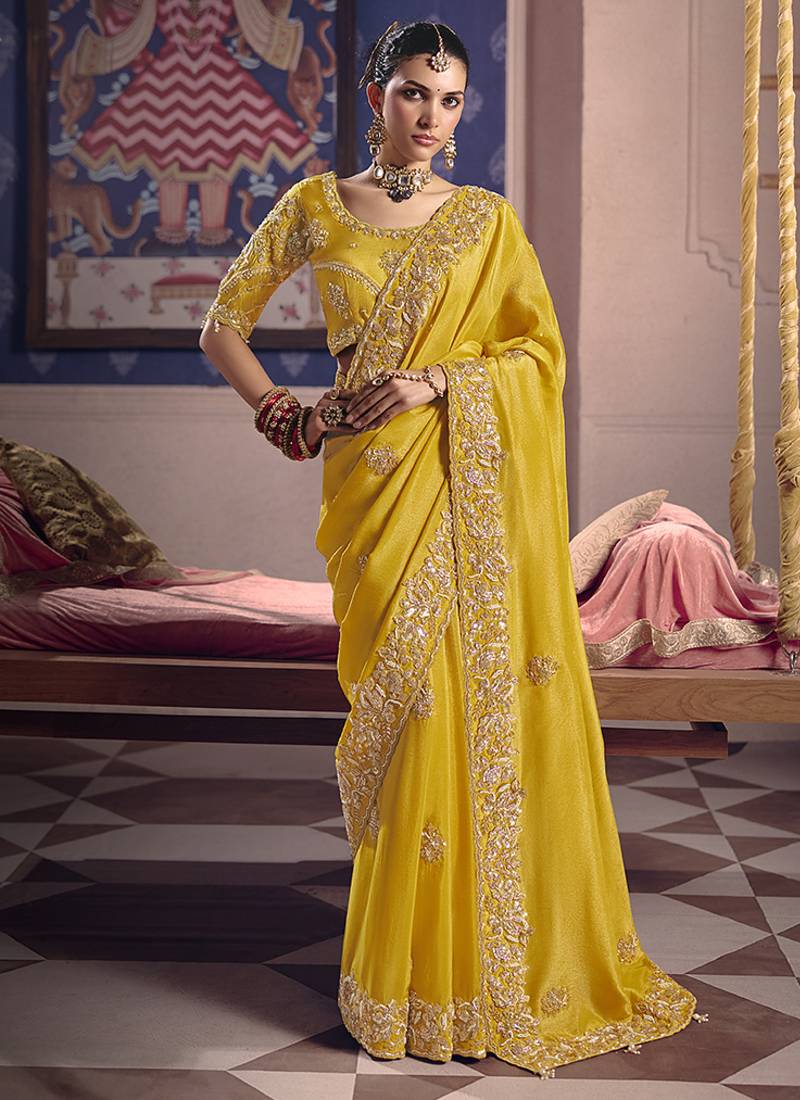 Yellow viscose zari tissue silk blend embroidered saree