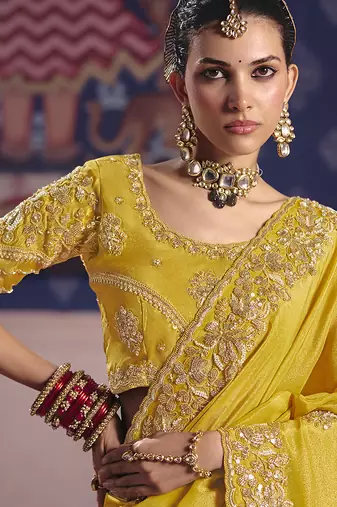 Yellow viscose zari tissue silk blend embroidered saree