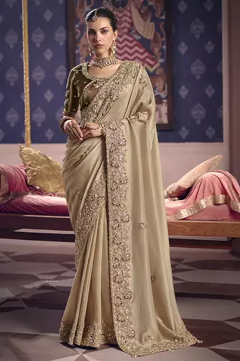 Chiku viscose zari tissue silk blend embroidered saree
