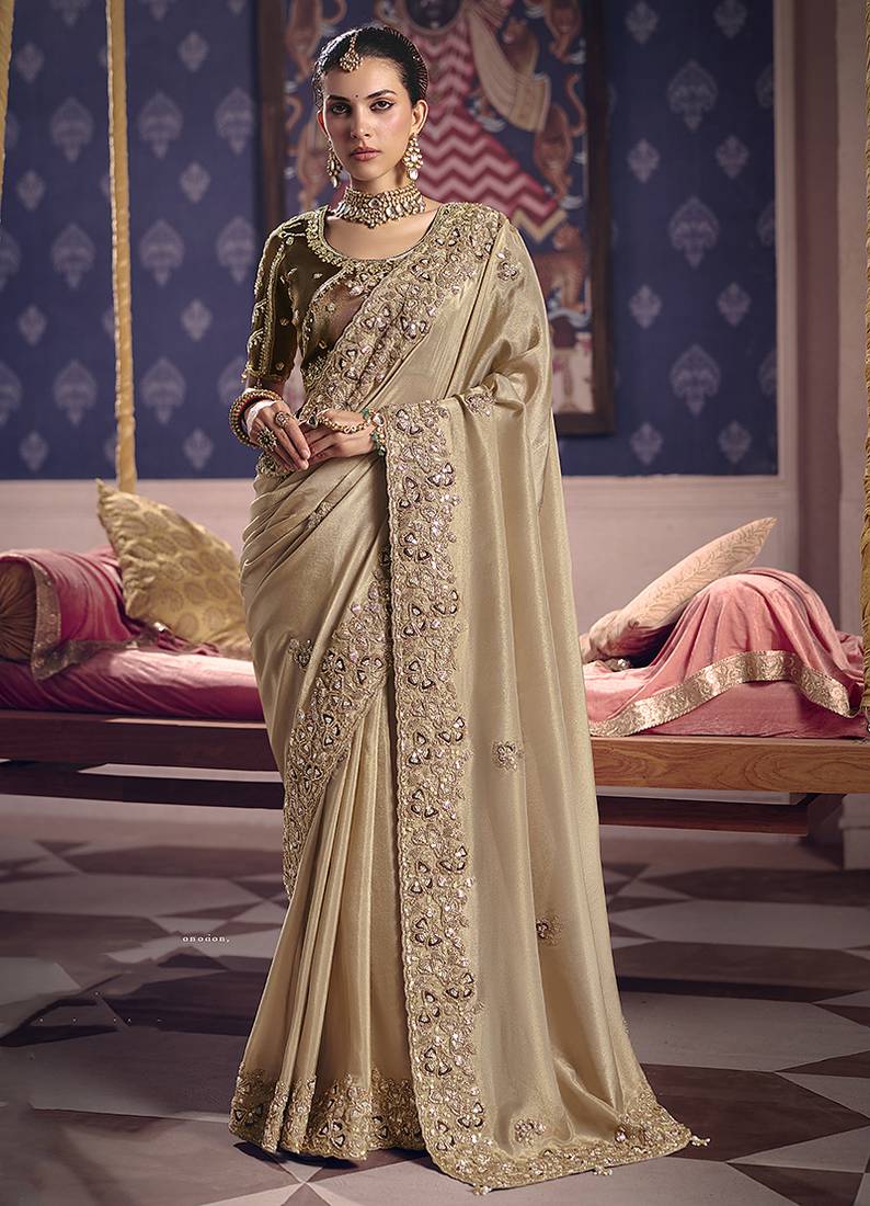 Chiku viscose zari tissue silk blend embroidered saree