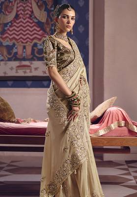 Chiku viscose zari tissue silk blend embroidered saree 2