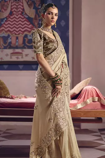 Chiku viscose zari tissue silk blend embroidered saree