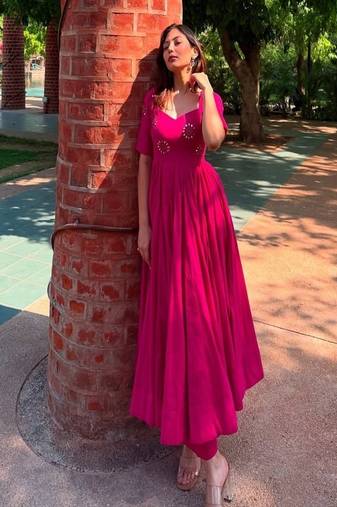 Floral embroidered cotton square neck red anarkali kurti