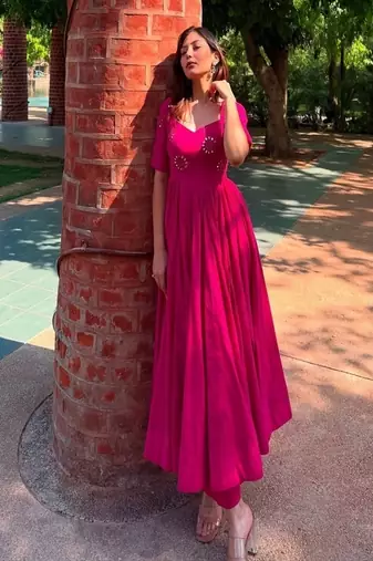 Floral embroidered cotton square neck red anarkali kurti