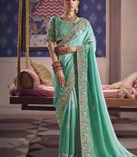Turquoise viscose zari tissue silk blend embroidered saree
