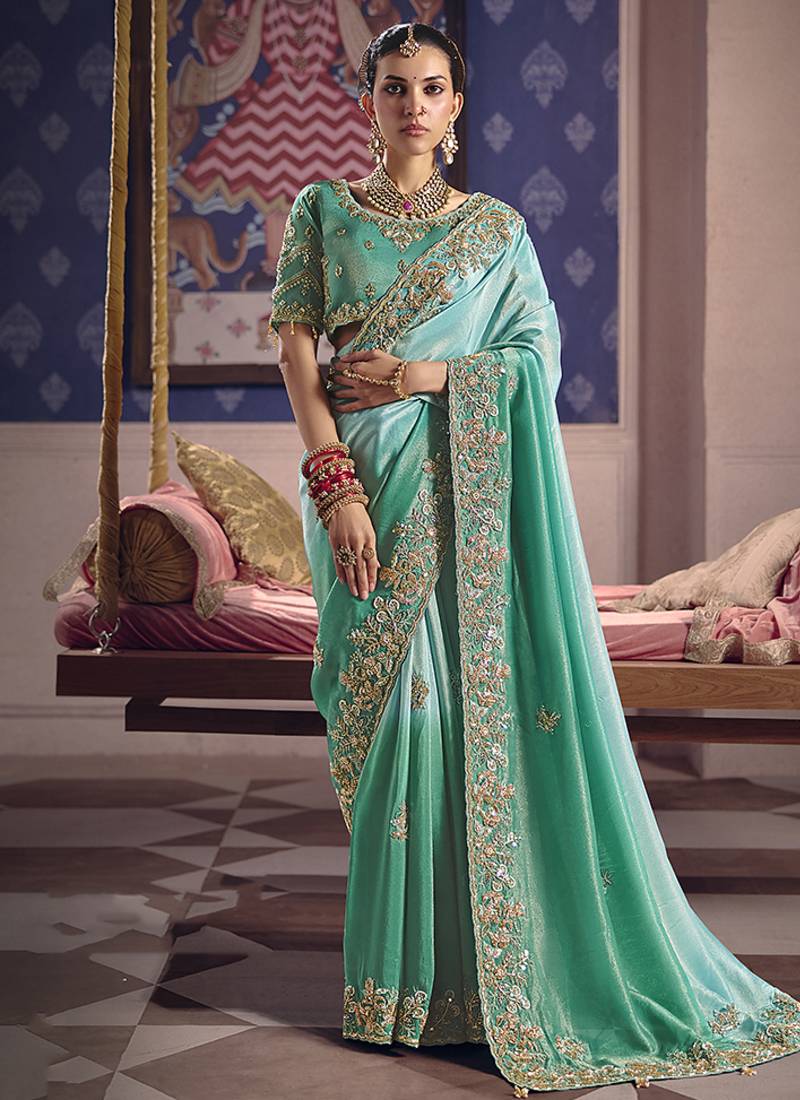 Turquoise viscose zari tissue silk blend embroidered saree