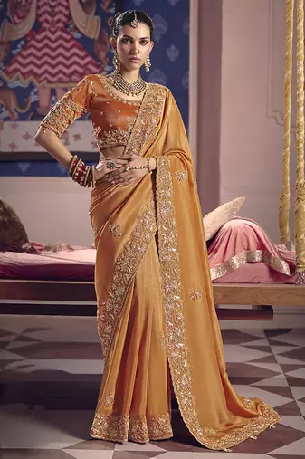 Orange viscose zari tissue silk blend embroidered saree