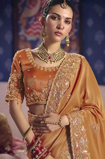 Orange viscose zari tissue silk blend embroidered saree
