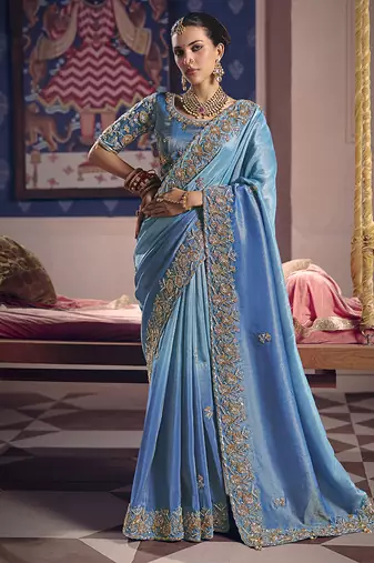 Light blue viscose zari tissue silk blend embroidered saree