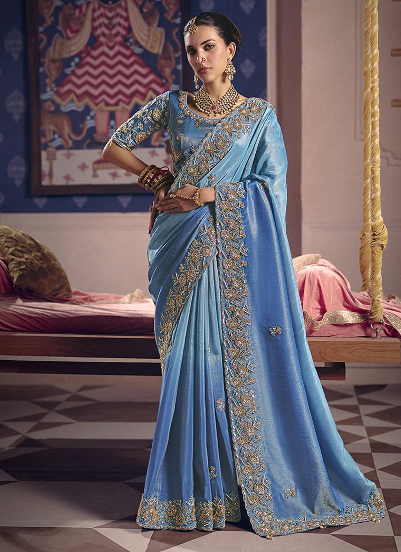 Light blue viscose zari tissue silk blend embroidered saree