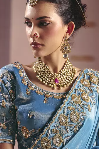 Light blue viscose zari tissue silk blend embroidered saree