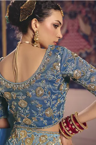 Light blue viscose zari tissue silk blend embroidered saree