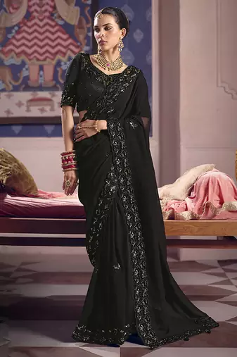 Black viscose zari tissue silk blend embroidered saree