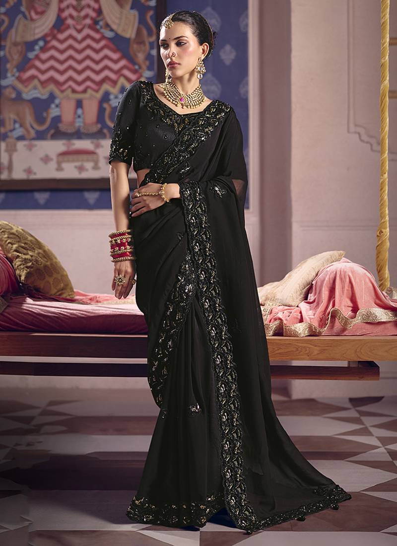 Black viscose zari tissue silk blend embroidered saree