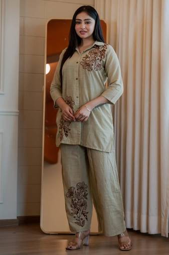 Floral embroidered cotton collar neck beige co-ord set