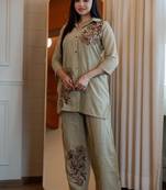 Floral embroidered cotton collar neck beige co-ord set
