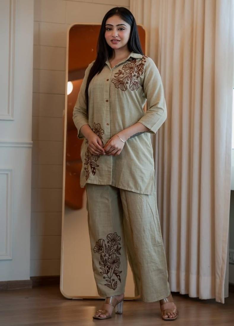 Floral embroidered cotton collar neck beige co-ord set