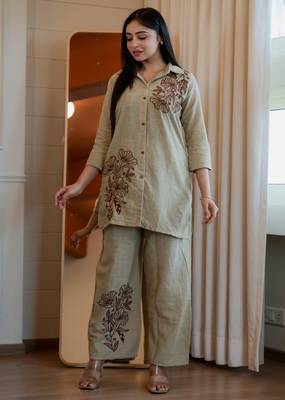 Floral embroidered cotton collar neck beige co-ord set 2
