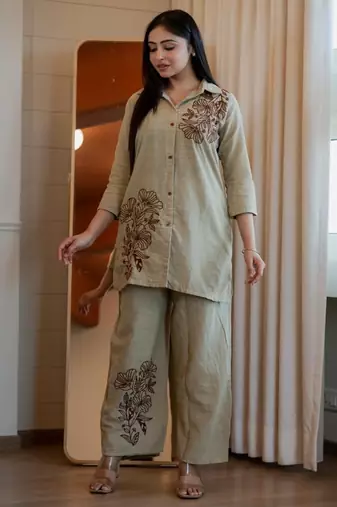 Floral embroidered cotton collar neck beige co-ord set