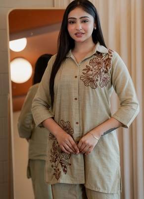 Floral embroidered cotton collar neck beige co-ord set 3