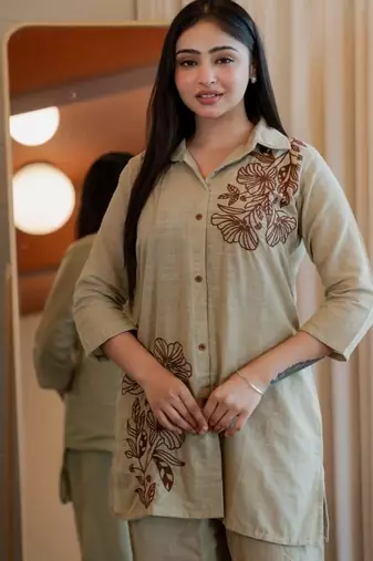 Floral embroidered cotton collar neck beige co-ord set
