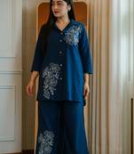 Floral embroidered cotton collar neck blue co-ord set