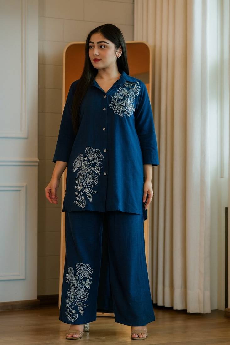 Floral embroidered cotton collar neck blue co-ord set